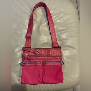 Brighton Pink Croc Embossed Nylon Shoulder Bag Y2K Barbiecore Heart Charm